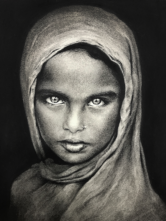Charcoal drawing of a young women with a head scarf
